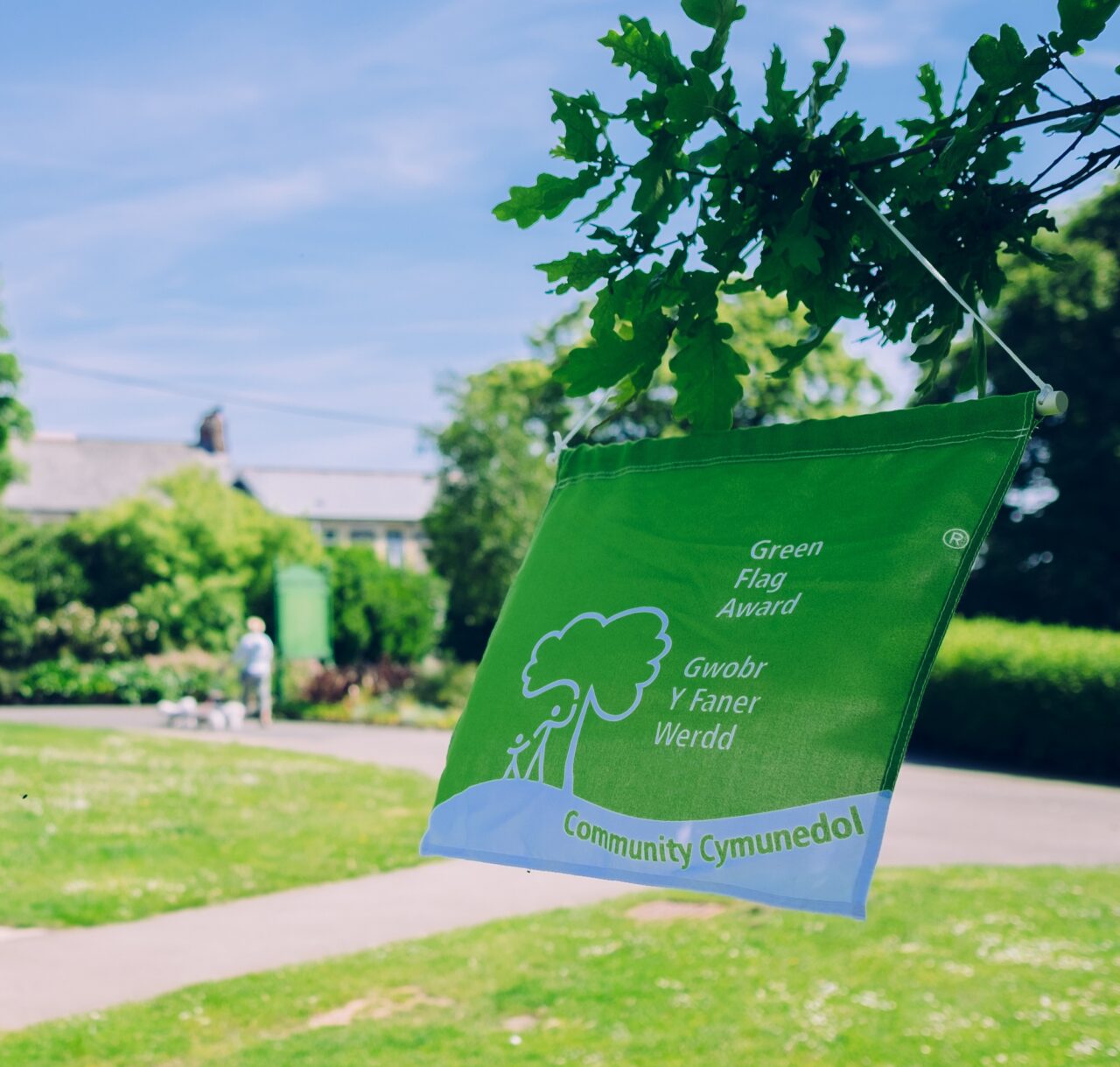 Community Award flag flying from a tree with a green space in the background