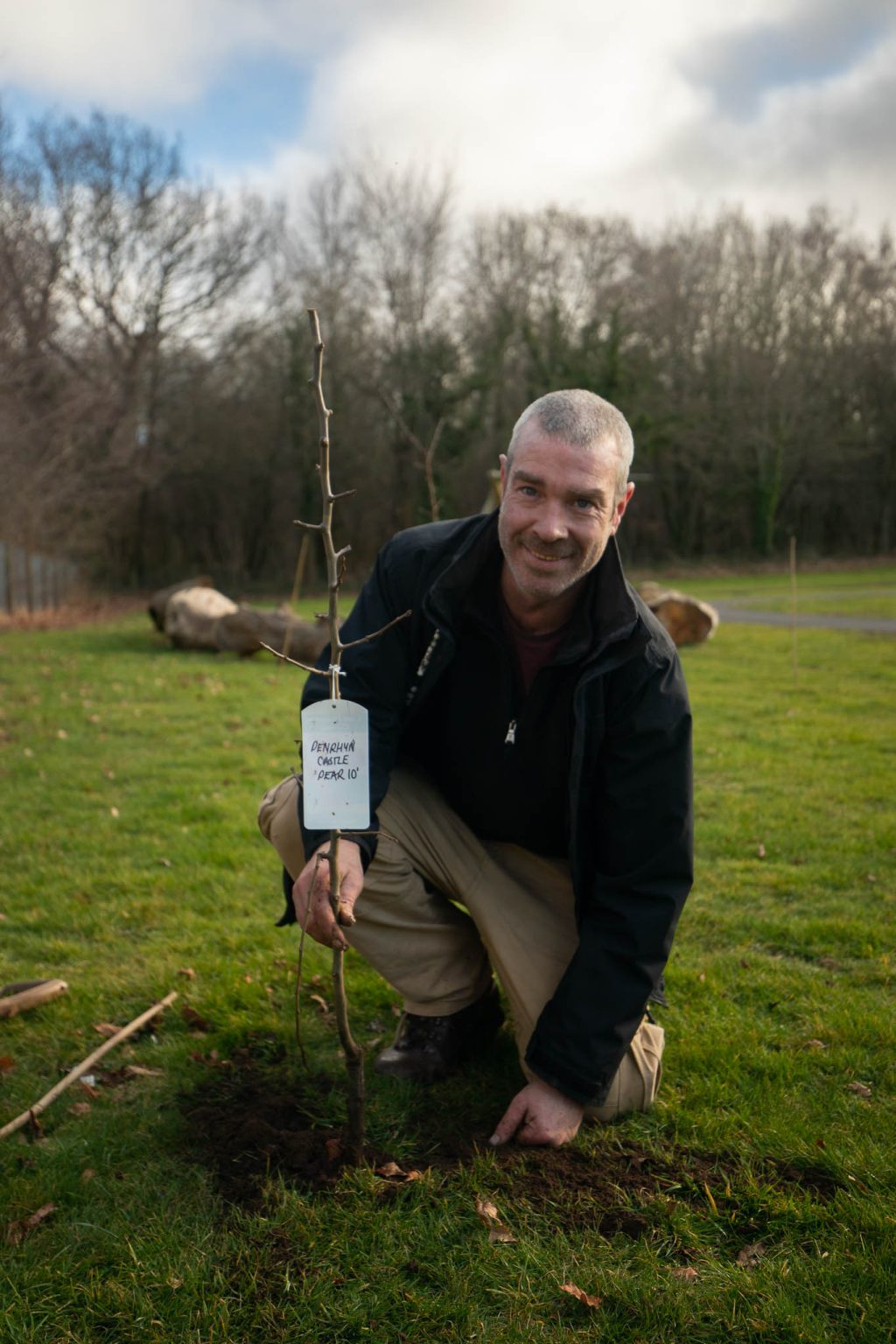 A person on their knees wearing a dark jacket, planting a fruit tree.