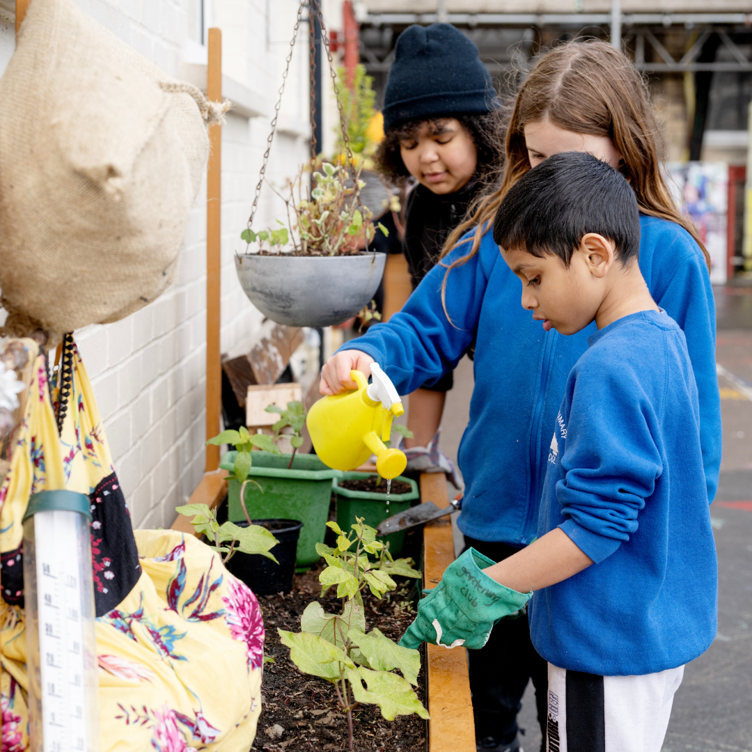 Children in blue sweaters watering plants in a garden bed. One child uses a yellow watering can, while another wears green gardening gloves.