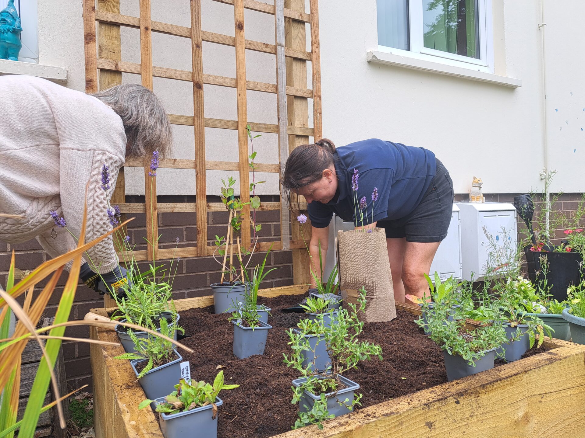 Two people beside a raised bed digging in the compost. They are standing up and wearing a polo shirt and cardigan.