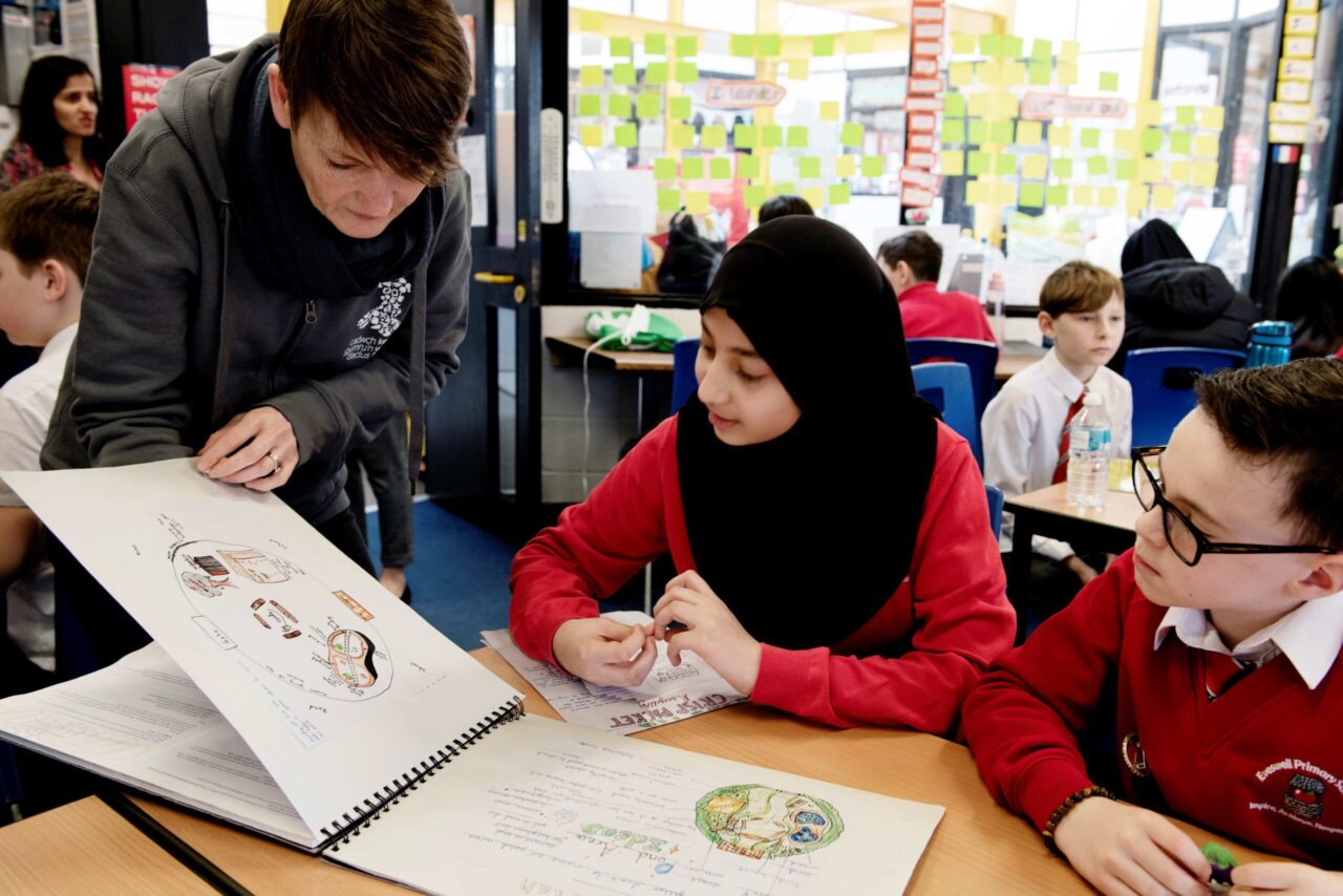 Eisteddodd y dysgwr wrth fwrdd yn darllen cynllun gweithredu eco gyda staff Cadwch Gymru'n Daclus.