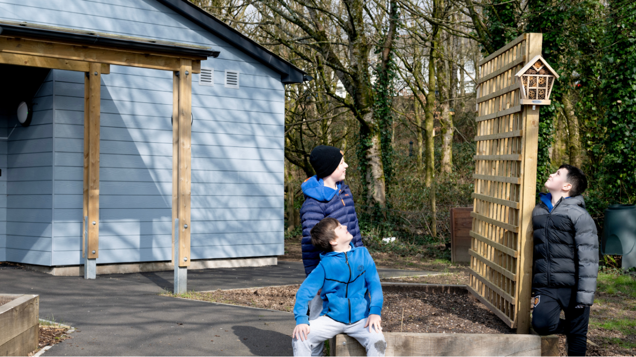 Three individuals look up at a small insect hotel mounted on a wooden trellis next to a light blue building.