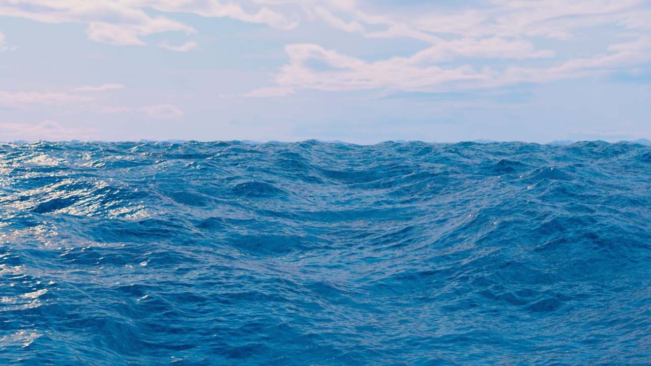 The ocean surface with moderate waves under a light blue sky.