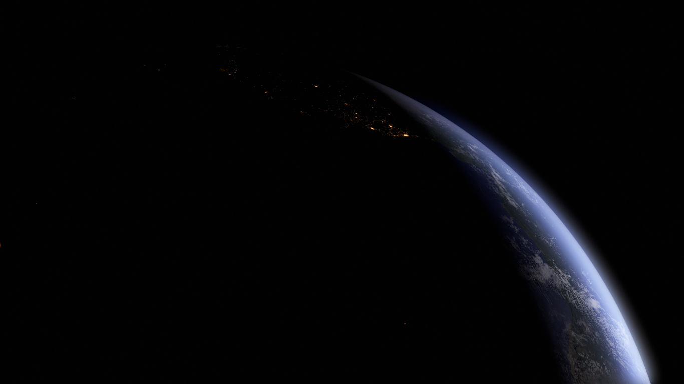 View of Earth from space at night, with city lights visible on the dark side of the planet.