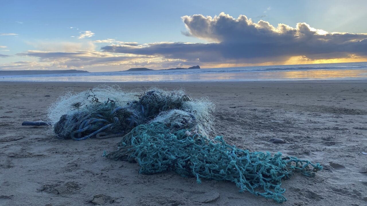 Washed up fishing gear on a Welsh beach